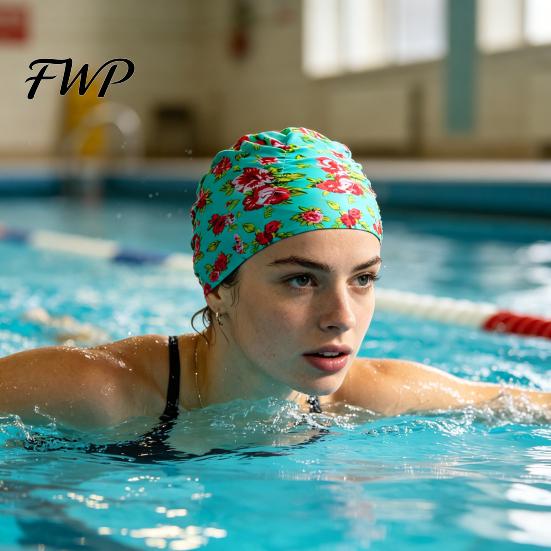 Women Swimming Cap Cloth Pool for Women, Breathable Colorful Ruffle Swim Elastic Cap, Ear Protection Short Long Hair Bathing Hat