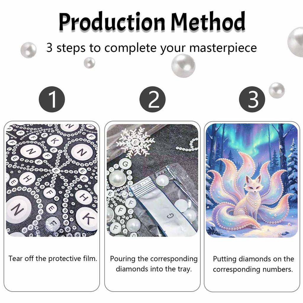 This ninetailed fox pearl painting kit features 5D pearls and a mosaic art style. designed for home wall decoration.