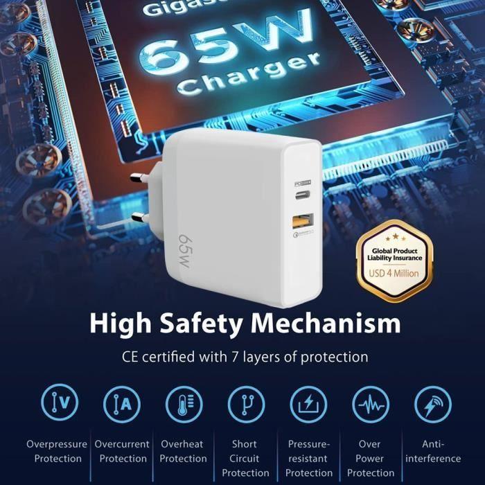 Зарядное устройство USB-C 65 Вт - e.F.Connection - 2-в-1 - PD 33 Вт - QC 3.0 - Кабель 1 м