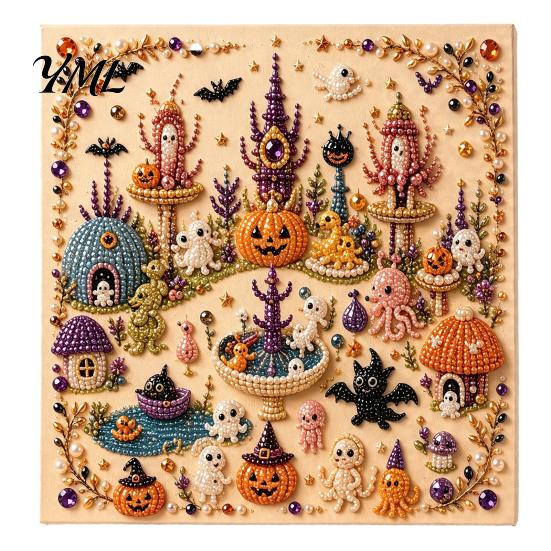Handmade Ghost Pumpkin Art Halloween Faux Pearl DIY Kit, 3D Bead Embroidery Craft Set, Spooky Haunted House Goat Witch Wall Art, Seasonal Home