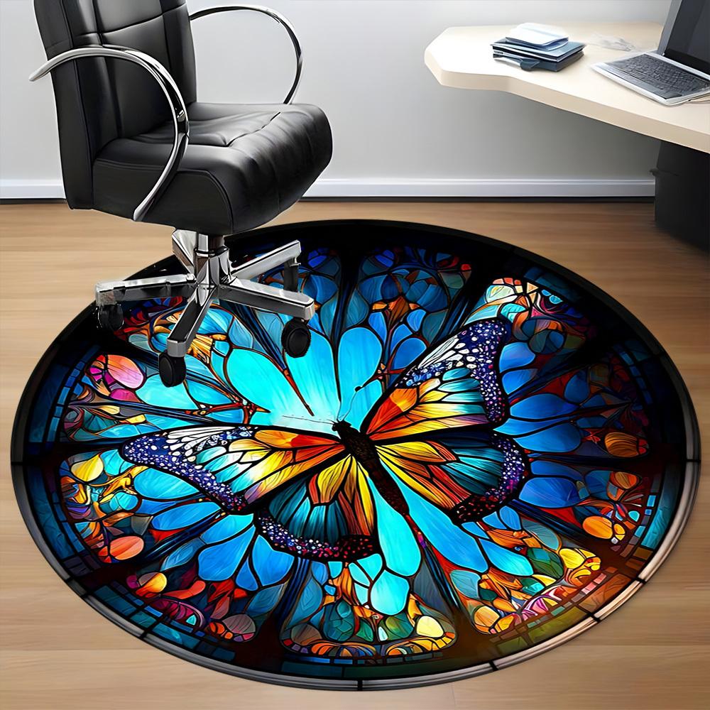 1PC Butterfly StainedGlass Office Round Area Rug, Mat Suitable ForOffice, Under Office Chairs Bedroom Living Room Home Decor, Room Deco
