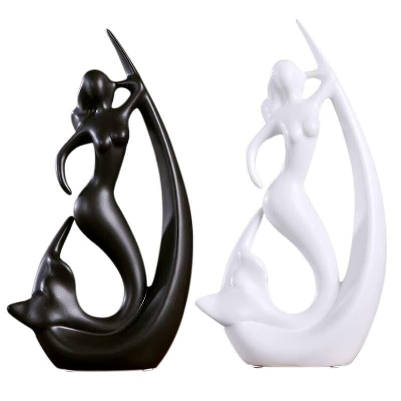 Home Decor Ceramic Creative Mermaid Shape Home Decor Figurine (Pack of 1, Black & White)