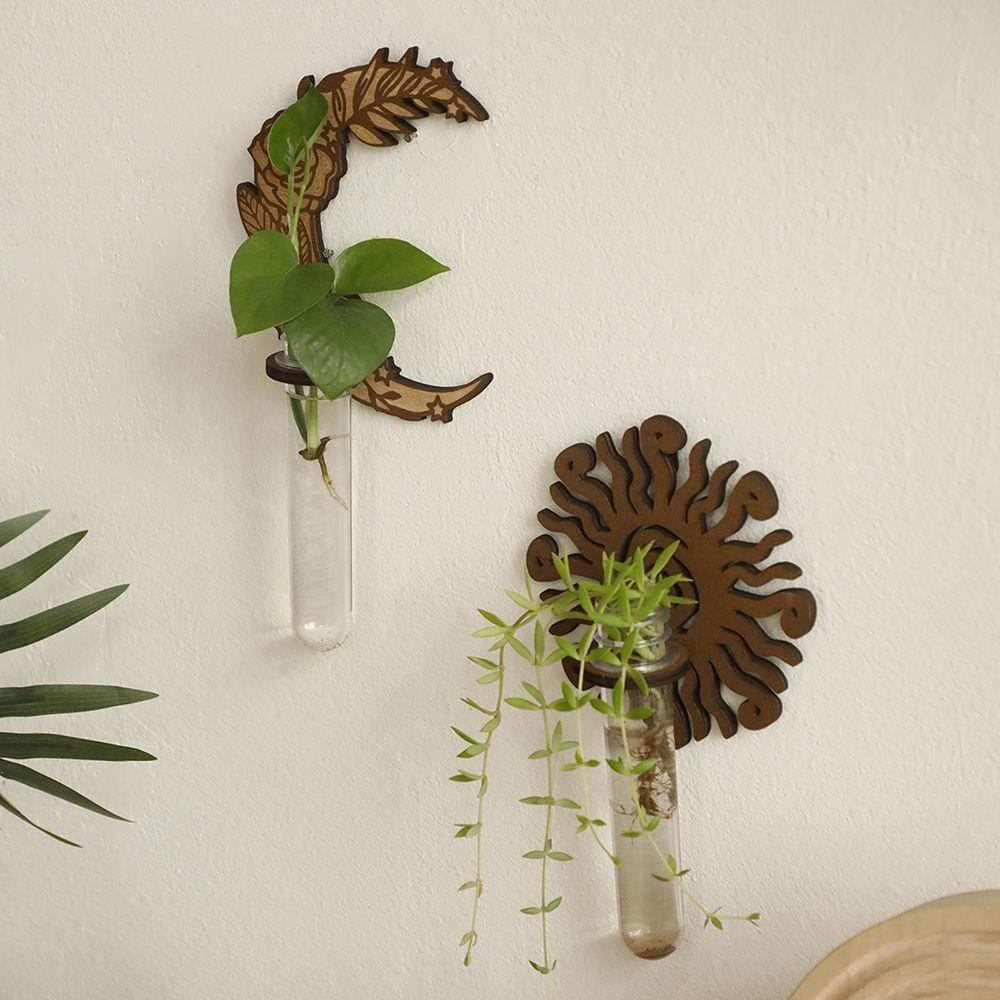 With Pipes Sun Moon Wall Planters Wall-Mounted Wall Hanging Holder Wooden Plant Fram Kitchen