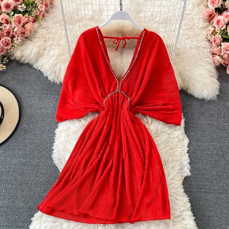 Высококачественное сексуальное темпераментное свободное плиссированное платье с v-образным вырезом и открытой спиной на талии и рукавами «летучая мышь»