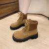 Осенне-зимние сапоги на толстой подошве со шнуровкой, женские замшевые ботильоны в стиле пэчворк, повседневные туфли на платформе в британском стиле