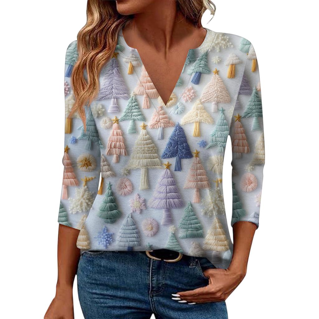 Women's Casual Fashionable Sexy Comfortable V-Neck Christmas Three-Quarter Sleeve Top