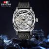 TEVISE Square Luxury Retro Mechanical Watch for Men Hollow Skeleton Self-Wind Carved Automatic Watches Vintage Leather Strap Wristwatch