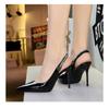 Women Pointed Toe Patent Leather High Heels Shallow Vamp Rhinestone Decorated Backless Strap Dress Shoes