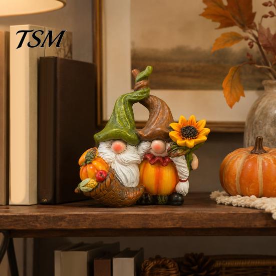 Indoor Tabletop Harvest Display Fall Gnome Ornament, Resin Autumn Figurines with Pumpkin And Sunflower Ornaments Decor for Thanksgiving Halloween,