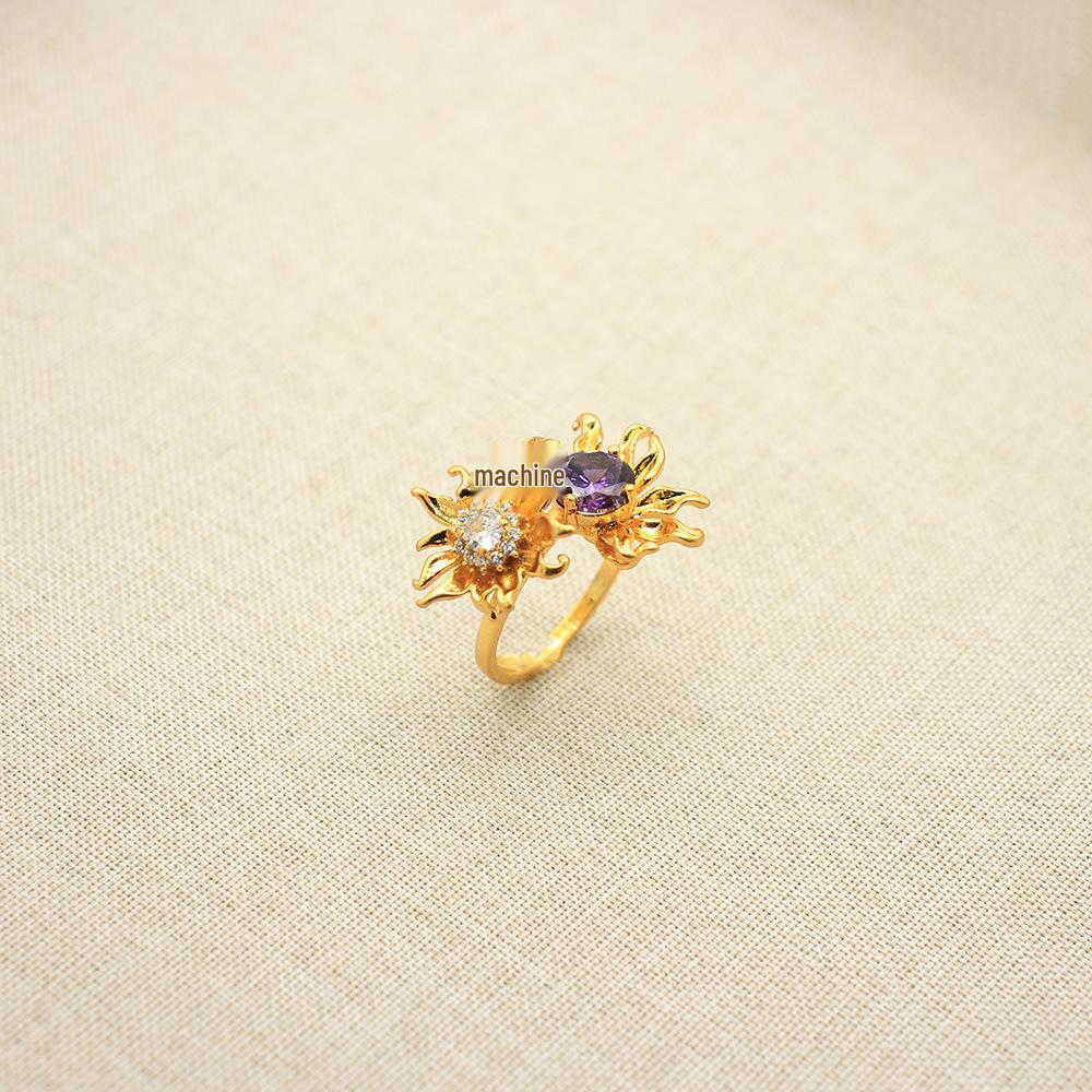 Нишевый французский ретро набор серег-пусетов и кольца с цветком ромашки и фиолетовым цирконом