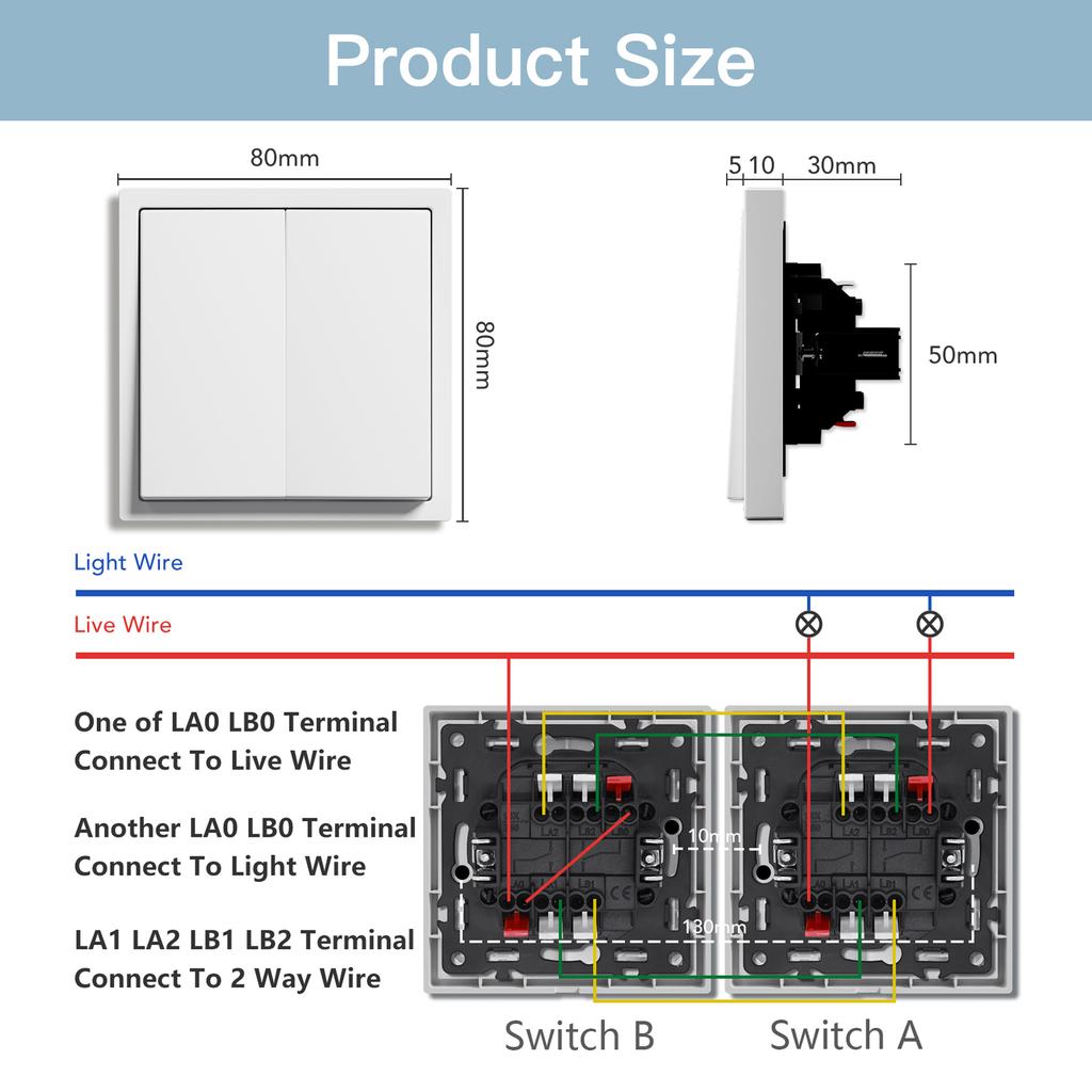 BSEED 1/2Gang Wall Light Switches 2Way Staircase Switches Large Mechanical Buttons Plastic Frame 220V White/Black/Gray 10A