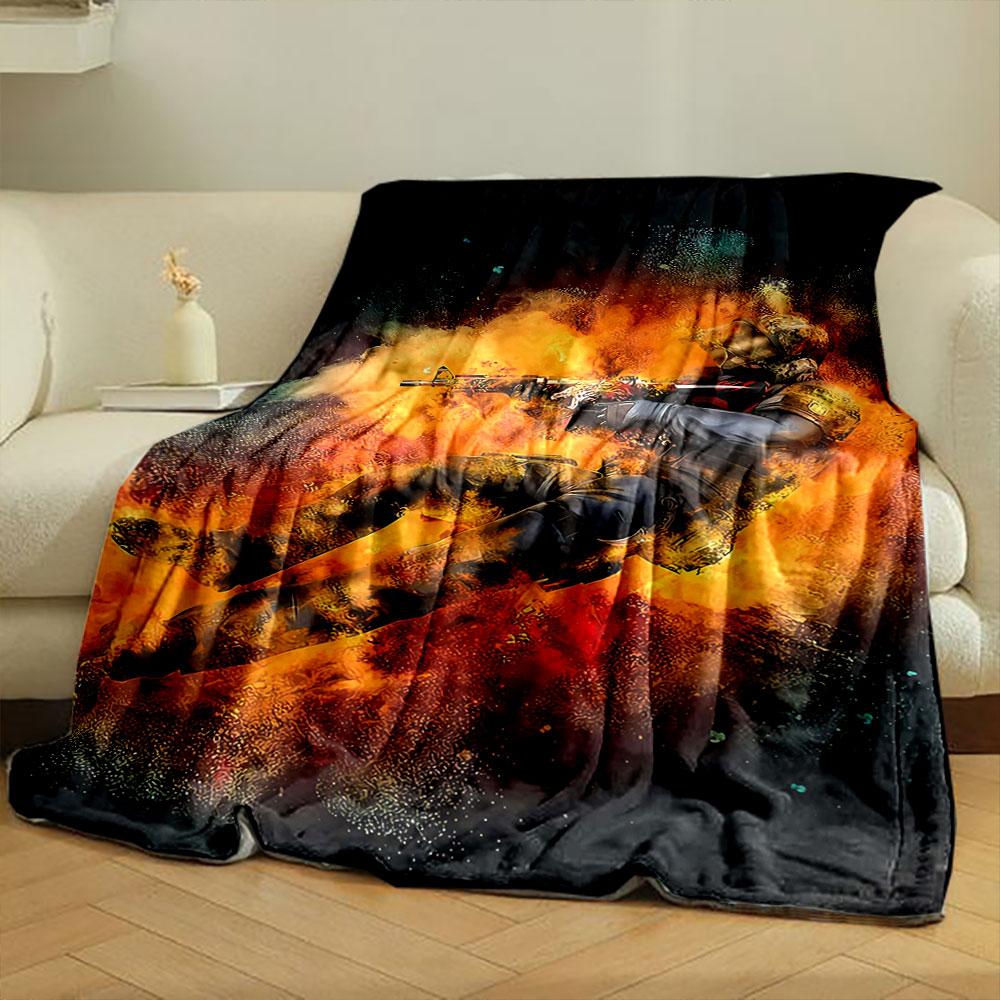 A soldier mid-action surrounded by fiery, explosive orange effects. for all seasons blanket lunch break throw gift