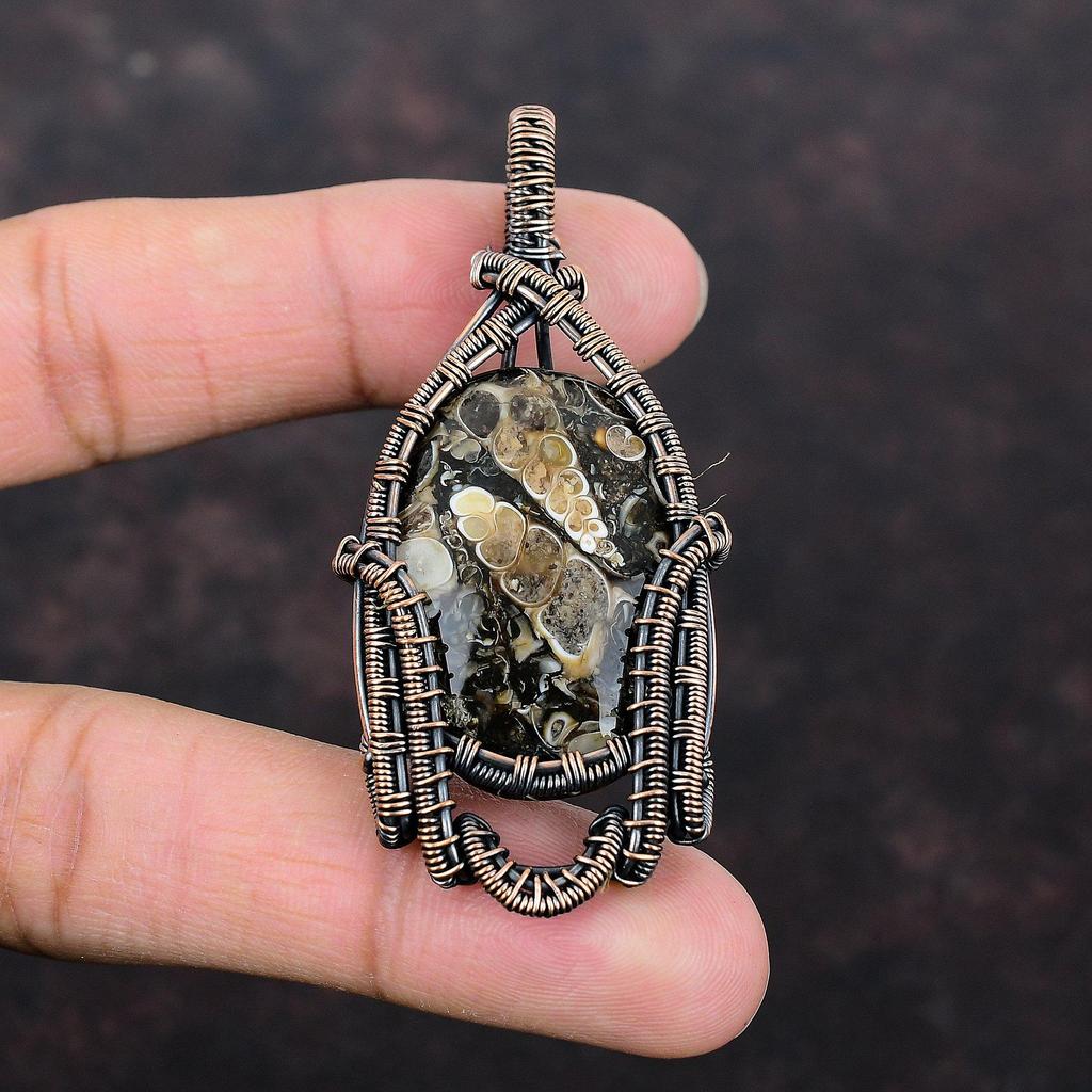 Turritella Agate Pendant Copper Wire Wrapped Pendant Gemstone Pendant Gift For Her Handmade Women Jewelry Wedding Gift Wrapped Stone Pendant