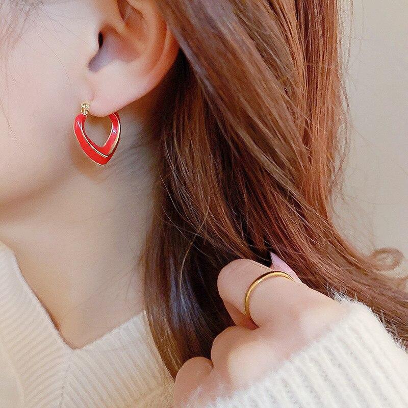 Minimalist Simple Fashionable Stylish Blue Red Green Brown Color Heart Metallic Women Earrings New Arrival Korean Style Brincos JewelrySimple Jewelry