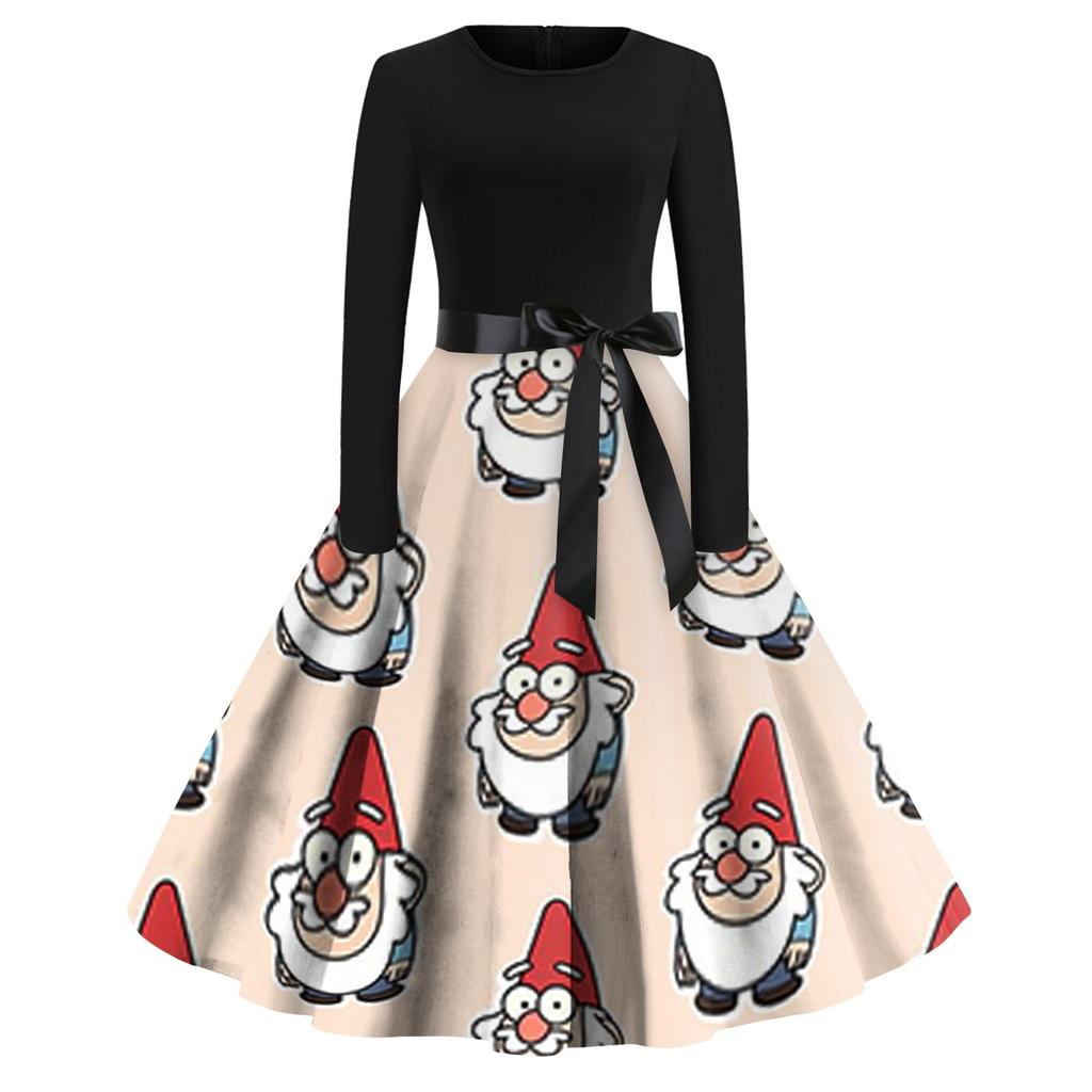 Women's Casual Fashion Round Neck Long Sleeve Christmas Printed Vintage Long Dress