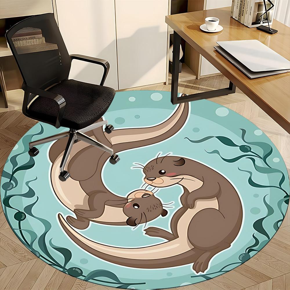 1pc Otter Family Office Round Area Rug, Indoor Mat Suitable For Office, Under Office Chairs Bedroom Living Room Home Decor, Room Deco