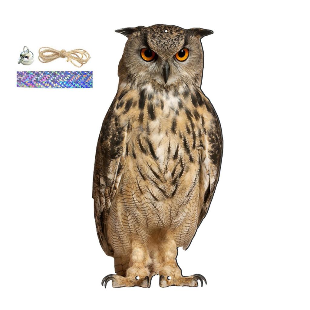 Owl Decoy Bird Scarer with Sound - Waterproof Realistic Scarecrow Deterrent for Yard Garden Indoor Outdoor Decor , 30cm Rope Bell Included