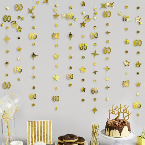 Gold 60th Birthday Decorations Number 60 Circle Dot Twinkle Star Garland Metallic Hanging Streamer Bunting Banner Backdrop for 60 Year Old Happy