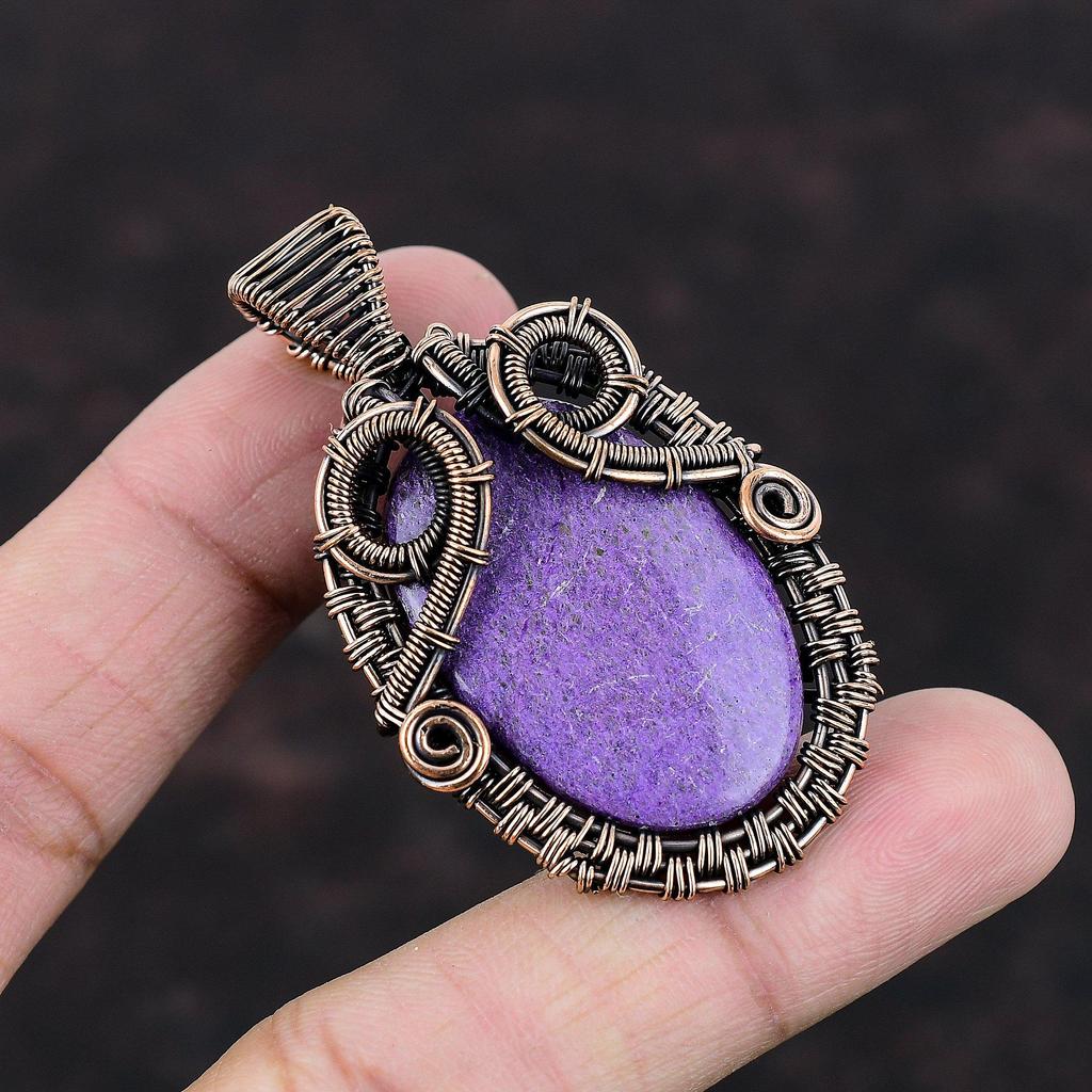 Пурпуритовый кулон, медная проволока, обернутая драгоценным камнем, ювелирный дизайнерский кулон, обернутая проволокой подвеска, кулон ручной работы, подарок для женщин, медный кулон