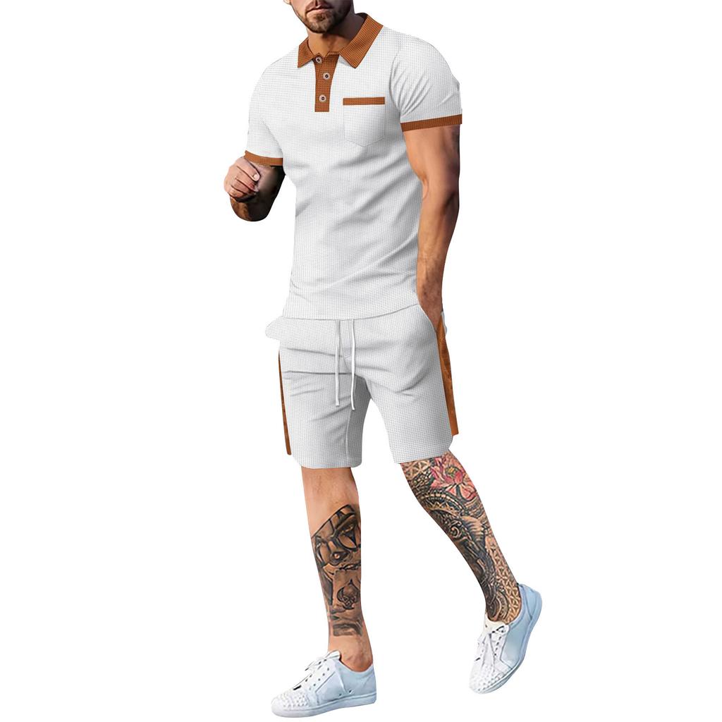 Мужские повседневные шорты с короткими рукавами и пуговицами с лацканами, комплект из двух предметов