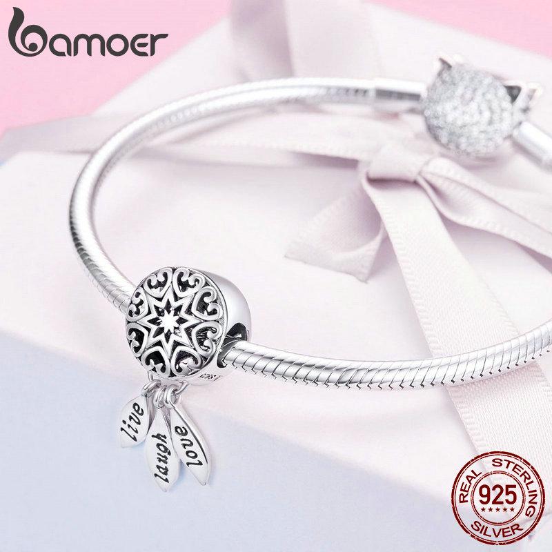 BAMOER Bohemian Style Dream Catcher 925 Sterling Silver Bead for Jewelry Making Feather Tassel Charm