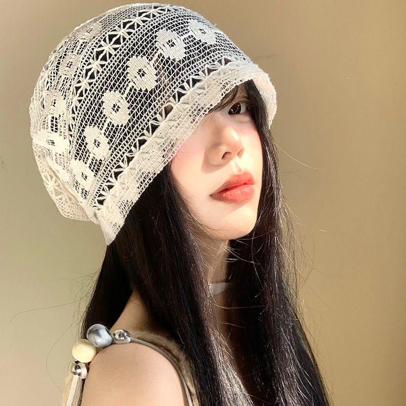 Women's Floral Lace Hollow Head Wrap Hat Spring Summer Thin Breathable Slouchy Hat Korean Style Versatile Face Slimming Beanie