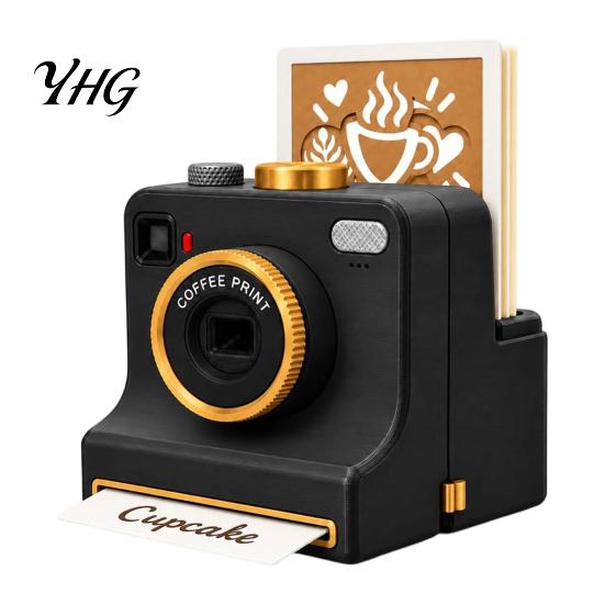 Beverage Topping Decorator 3D Printed Latte Art Camera, Manual Coffee Powder Printer with Retro Camera Design Tool Template Cards, Cocoa Cinnamon