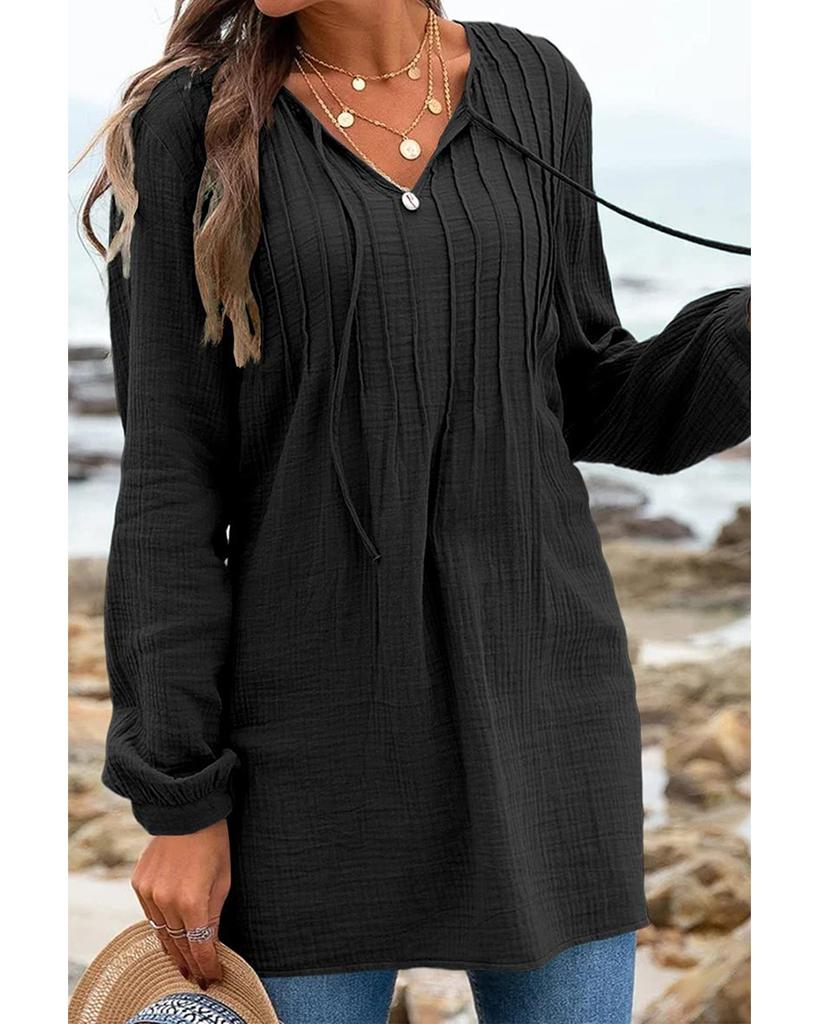 Azura Exchange Черный повседневный плиссированный V-образный вырез текстурированный свободный топ