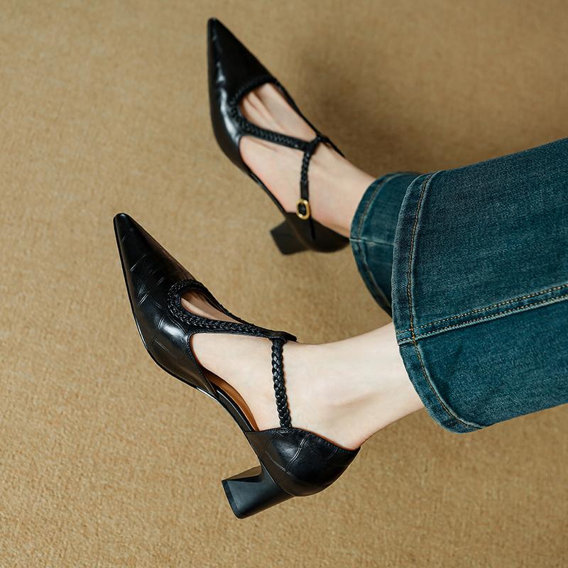 Мода 2025 Лето Женские Сандалии Натуральная Кожа Сексуальный Острый Носок Т-образный Ремешок Вечерние Туфли Высокий Каблук Летние Туфли-Лодочки Ажурная Обувь Женская 34-40