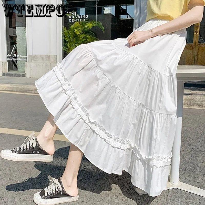 WTEMPO Черная длинная плиссированная юбка в стиле Лолиты в готическом стиле, женские винтажные юбки-миди с высокой талией и оборками в стиле Харадзюку, летняя корейская уличная одежда