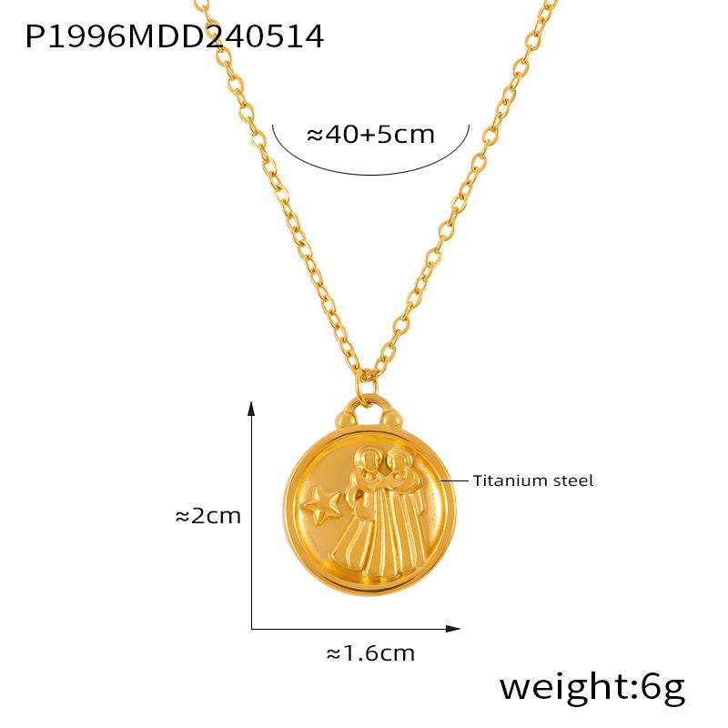 Fenny Fashion Embossed Stars 12 Constellations Round Brand Pendant Necklace 18K Gold Plated Stainless Steel Jewelry
