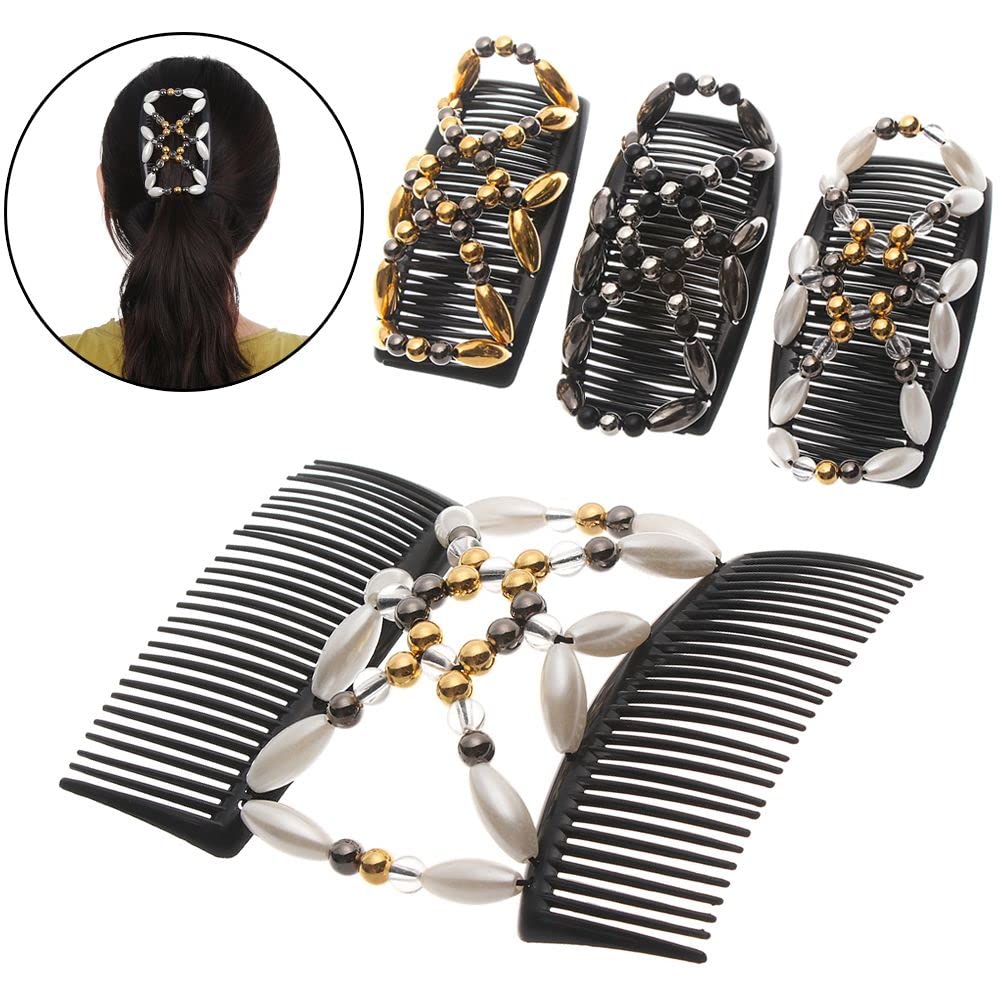 3Pcs Comb Hair Clips for Ladies Women Elastic Hairpin Stretch Double Magic Handmade Beaded Maker DIY Styling Tool 3 Colors