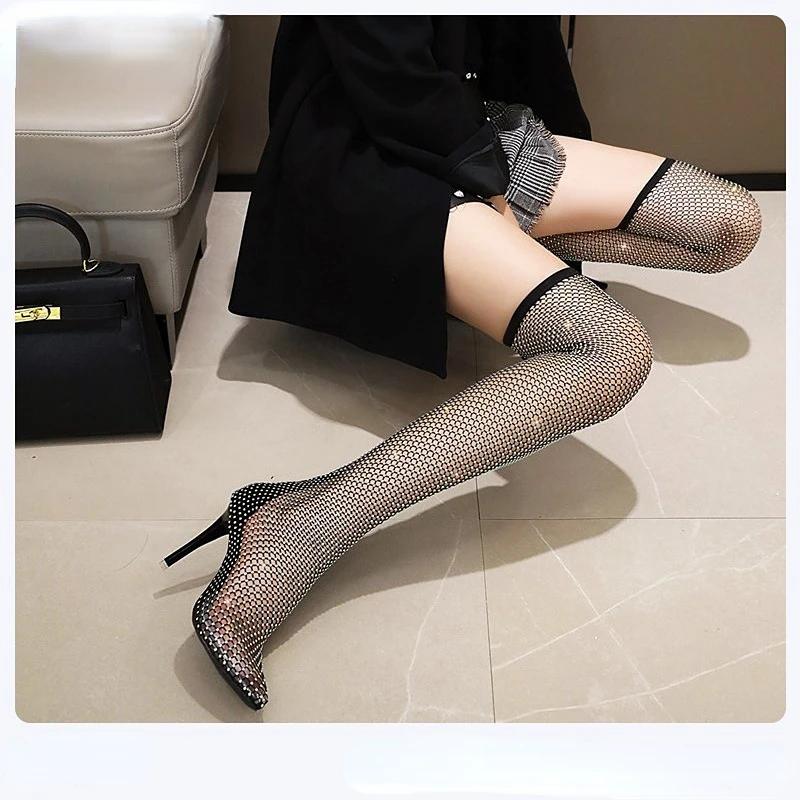 Женские сапоги 2024 года, летние новые сандалии, большие размеры, дышащие сапоги выше колена, модные, сексуальные, с острым носком, на высоком каблуке, 34-42