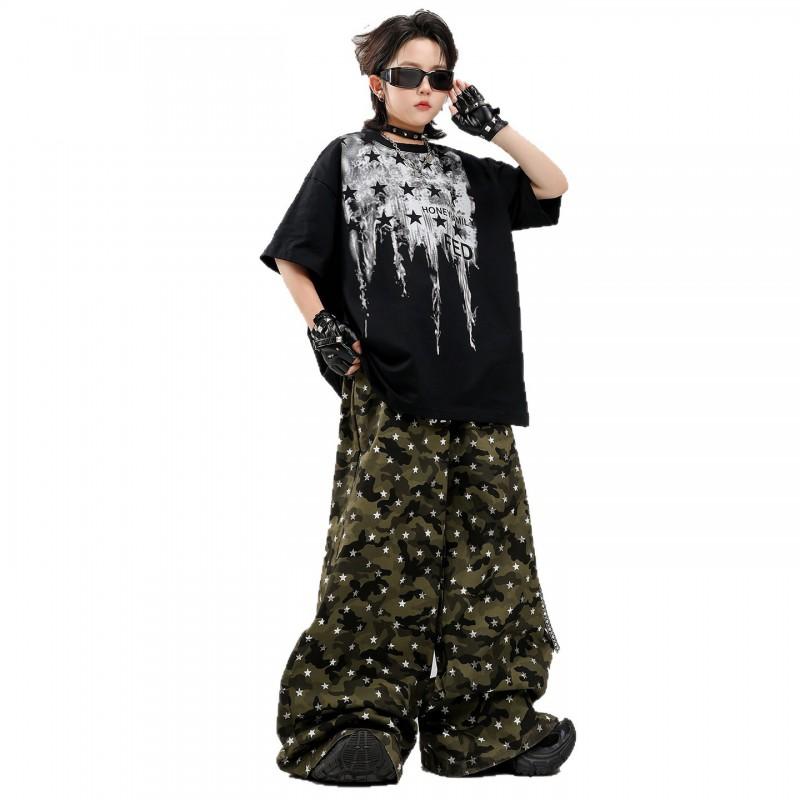 Kids Hip Hop Dance Outfit Set Boys Girls Streetwear Performance Costume With Star Print