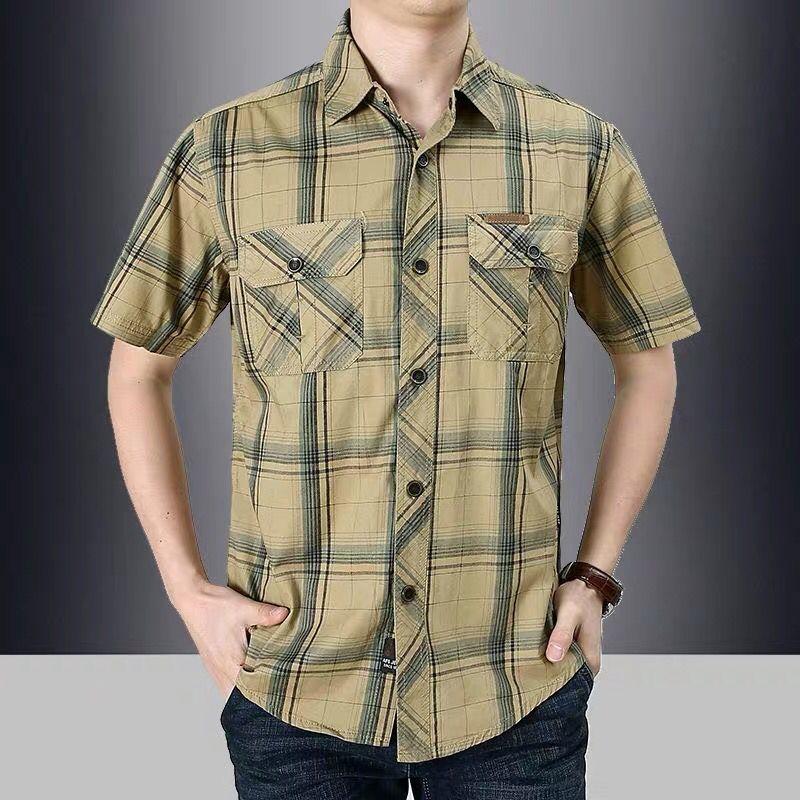 Summer Men Short Sleeve Shirt Streetwear Fashion Lapel Business Plaid Casual Tops Plus Size