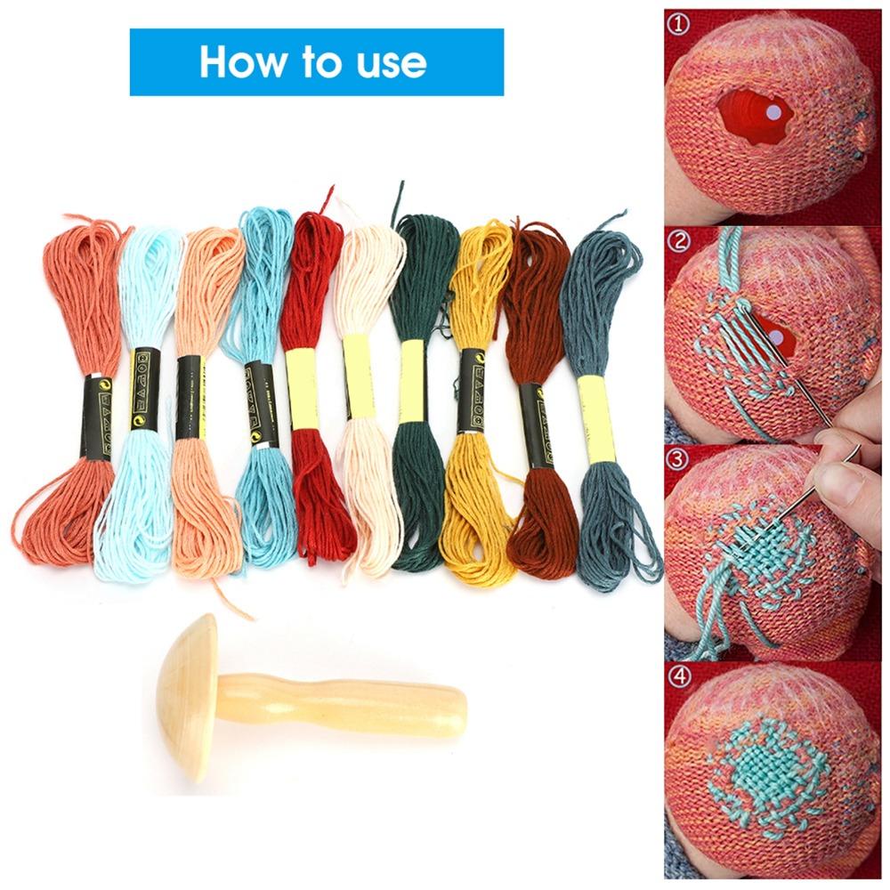 Cotton Darning Supplies Kit Wooden Sewing Tools Colorful Mushroom Patching Threads Home Handicraft