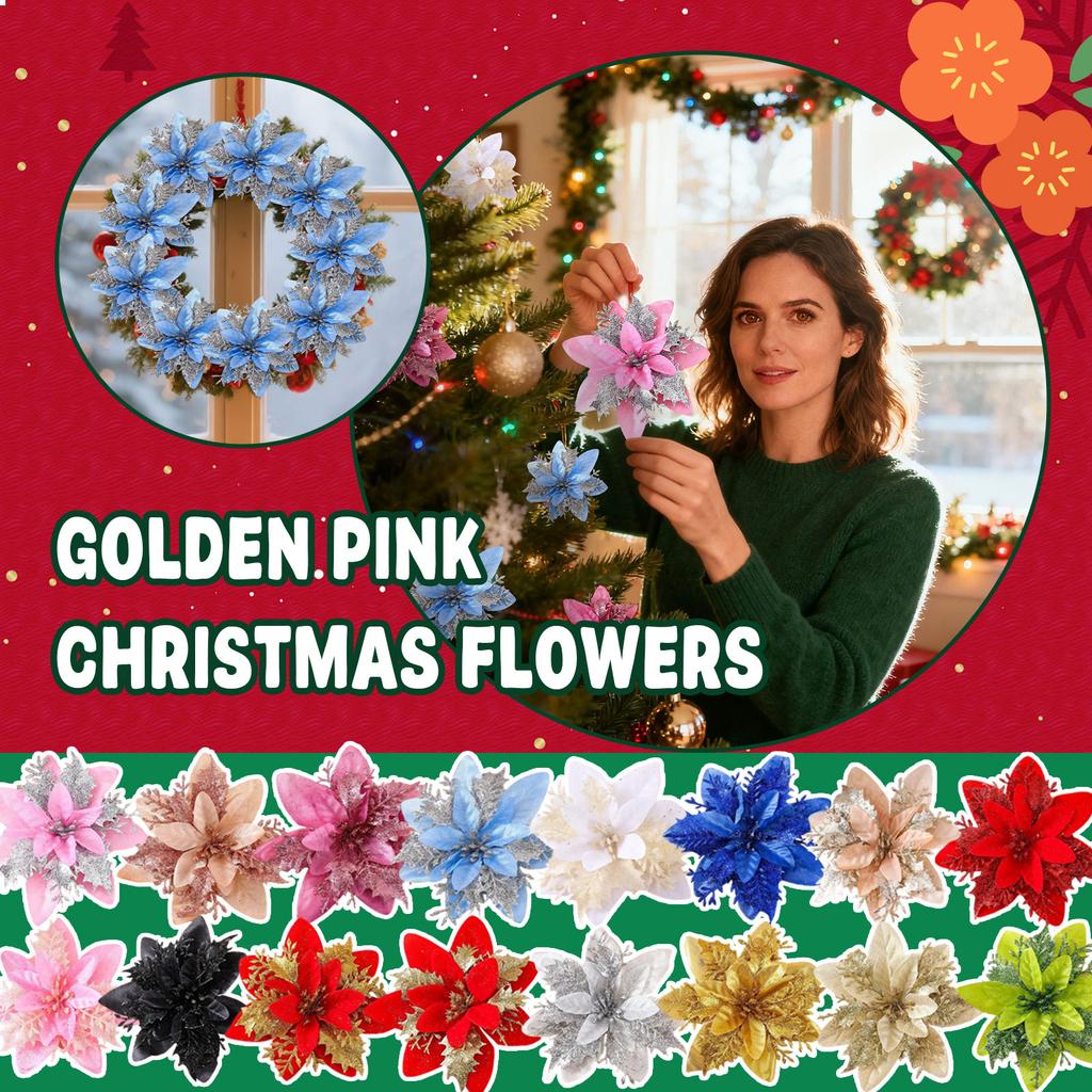 Glitter Poinsettia 5.5 Inch Artificial Flower Christmas Clip Stem Christmas Tree Ornaments For Wedding Party Wreath Decoration