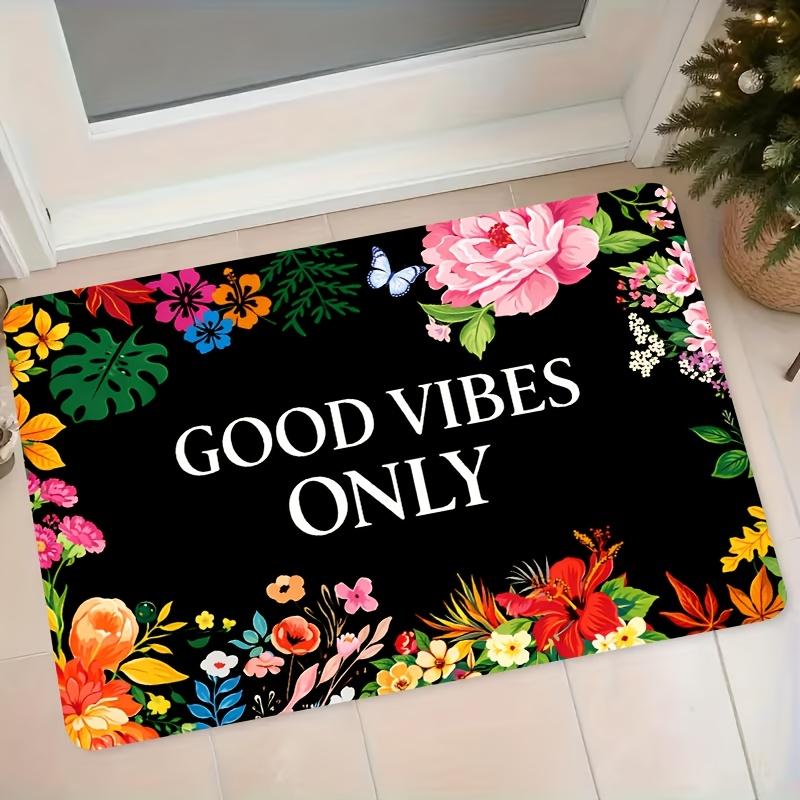 1pc Flannel Floor Mat Colorful Floral Butterfly GOOD VIBES Solely Pattern Entrance Door Mat Bathroom Non-Slip Absorbent Foot Pad Bedroom Living Room D