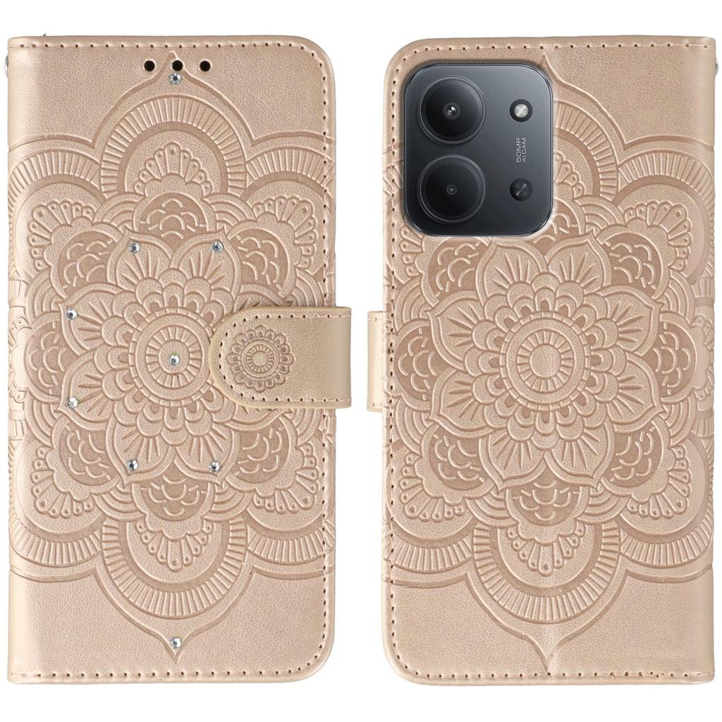 For Xiaomi Redmi 15C 5G (EU) (173mm)/15C 4G (EU) (173mm) Case Rhinestone Decor PU Leather Mandala Imprint Phone Cover with Wrist Strap