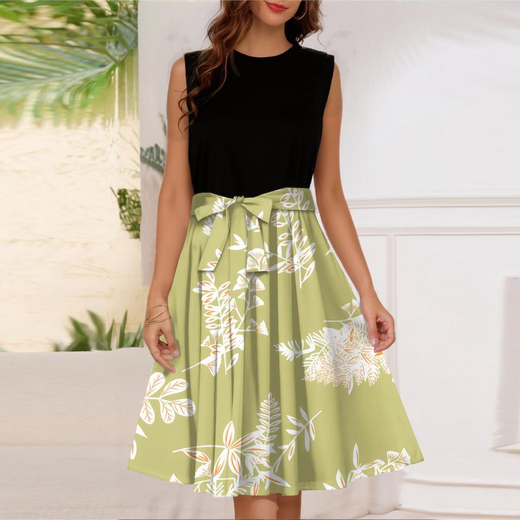 Женское модное повседневное короткое платье без рукавов со шнуровкой и круглым вырезом