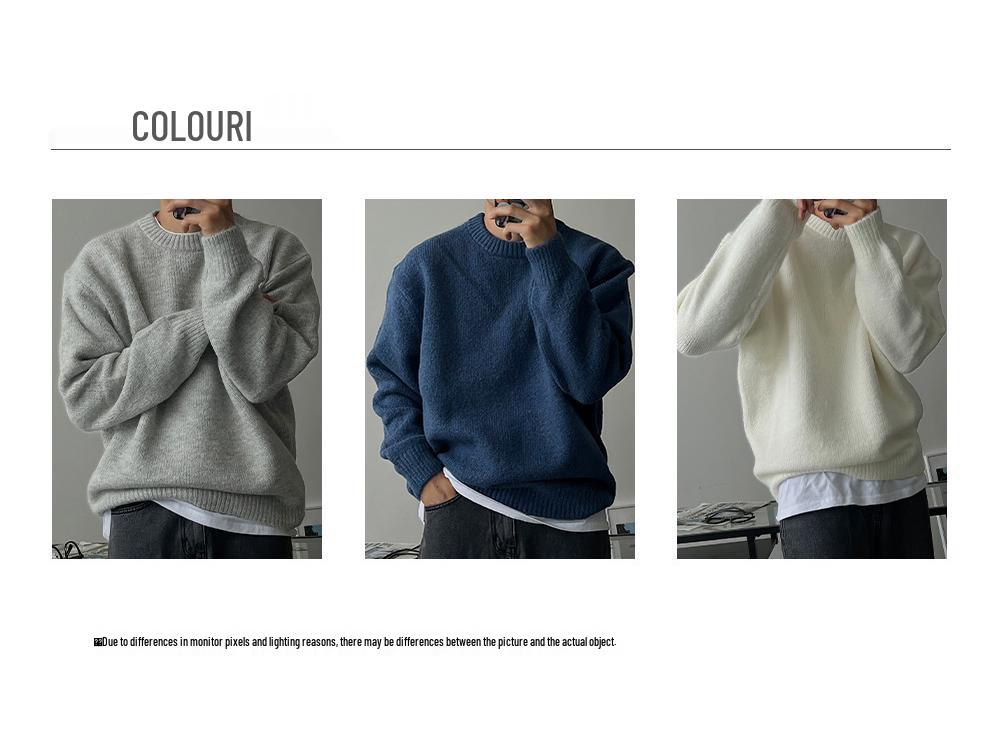 Men's Solid Color Round Neck Knit Sweater - Drop Shoulder, Warm, Versatile, Lazy Style, Thickened Outerwear for Spring and Autumn.