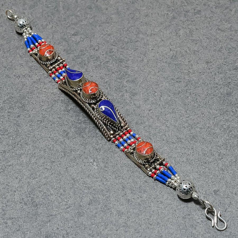 Red Coral Lapis Lazuli Bracelet Handmade Boho Tibetan Nepali Jewelry 7" NBB 3166