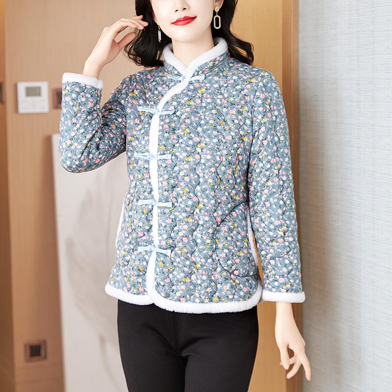 Зимняя новинка, китайская цветочная куртка с длинными рукавами, женственное ретро-пальто с хлопковой подкладкой