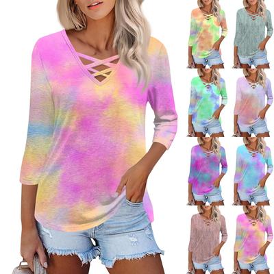 Женская модная свободная футболка с перекрестным V-образным вырезом и семью рукавами, повседневный топ с винтажным цветочным принтом