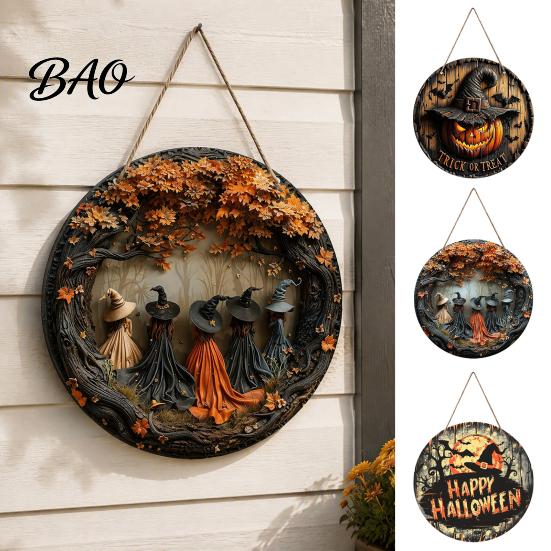 Retro Mysterious Forest Sign Halloween Witch Hanging Sign, 8" Round Wooden Door Autumn Witches Rustic Holiday for Home Front Porch Decoration Harvest