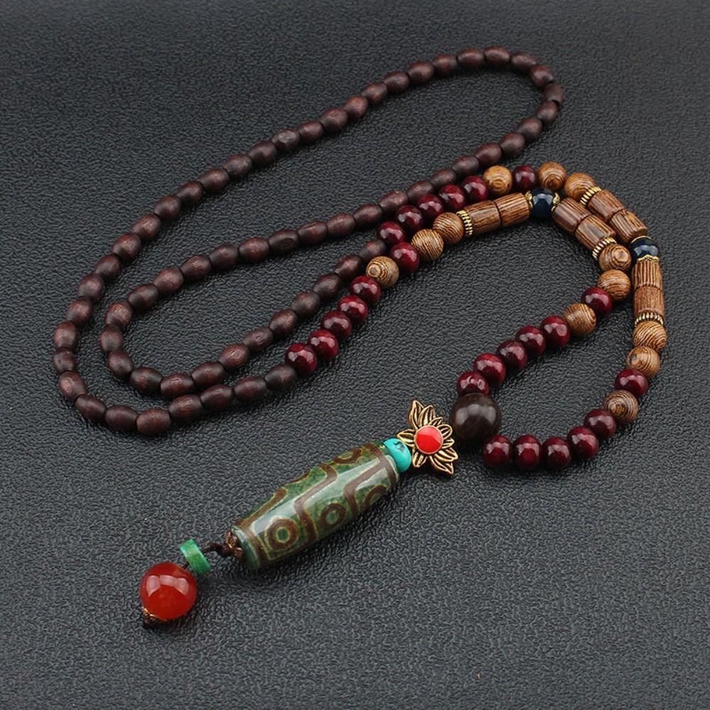 Vintage Lucky Gift Party Ethnic Jewelry Mala Wood Bead Nepal Necklace Horn Fish Pendant Buddhist