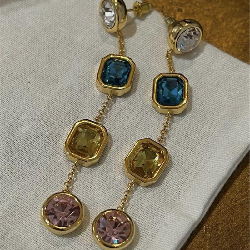 Retro Multi-color Crystal Long Geometric Drop Earrings for Women Fashionable Elegant Jewelry Gifts