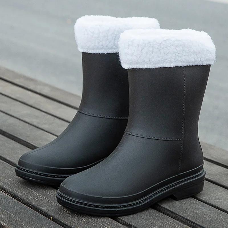 Fashion Women's Mid-Calf Rain Boots New Rubber Shoes Winter Rain Boots Cotton-Padded Warm-Keeping Waterproof Women's Non-Slip Shoes