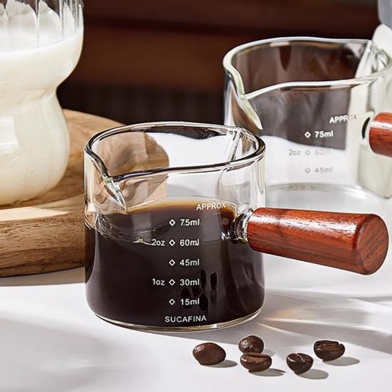 Glass Measuring Cup with Wood Handle Espresso Milk Coffee Mug 100ml Double Scale Clear Coffee Brewing Supplies