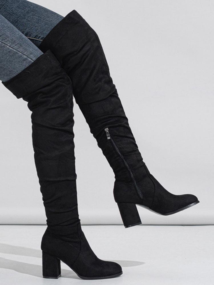 Мода 2024 года, новые модные сапоги на молнии с круглым носком, женские, осень-зима, повседневные, на толстом каблуке, мотоциклетные, выше колена, Botas Mujer